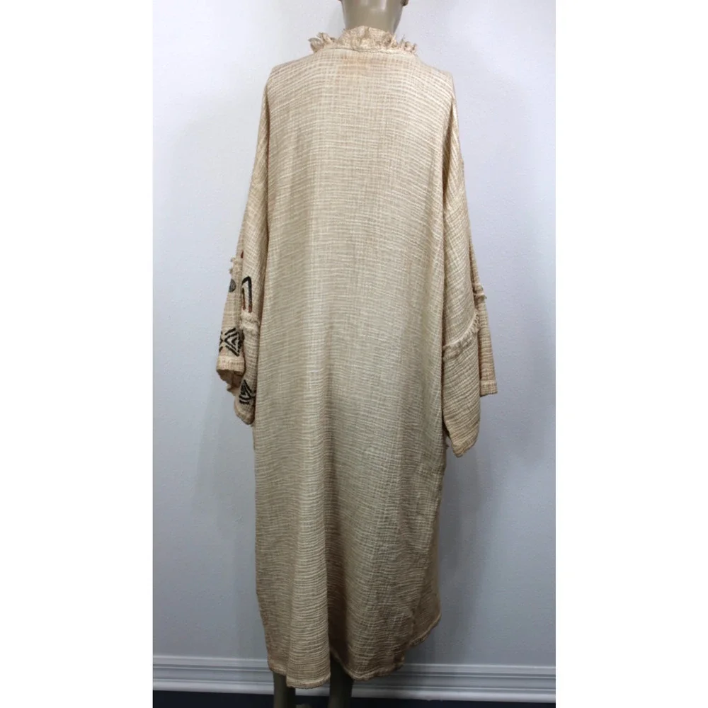 IKIKIZ Kimono Duster Women's OS Crinkle Cotton Cardigan Robe Tribal Missing Belt